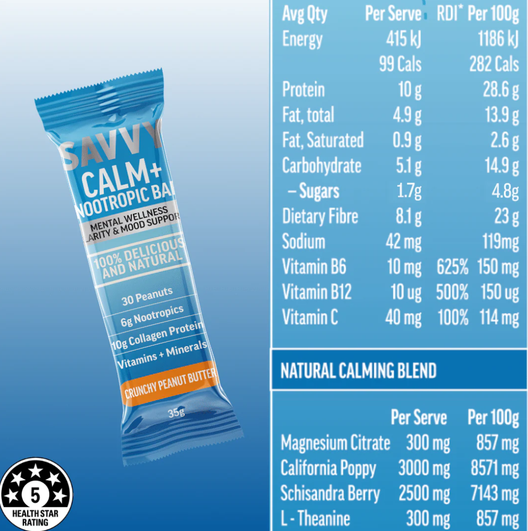 Savvy Calm Bars Peanut Butter Nutrition Information