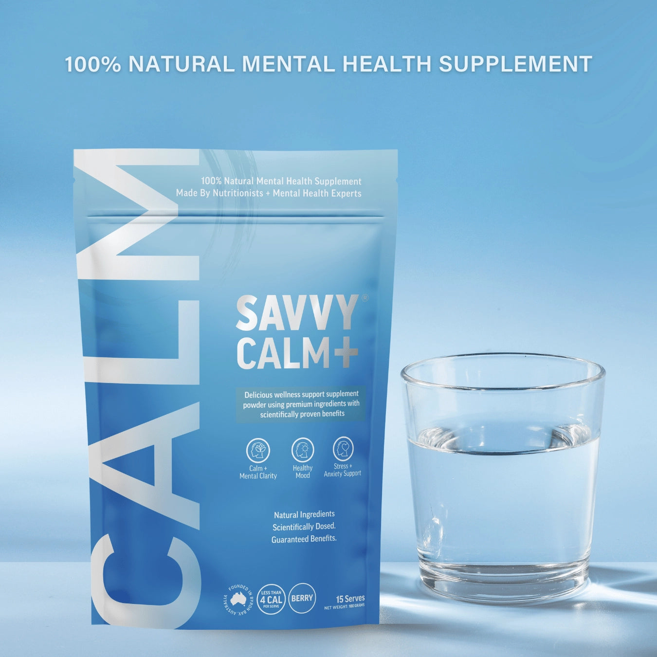 Savvy Calm water 100g Pouch with Glass of water