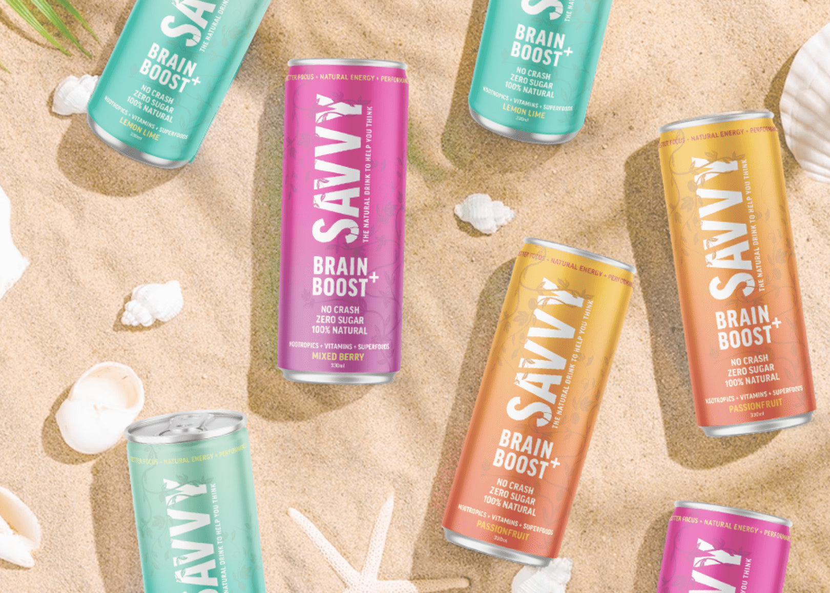 Savvy Brain Boost Drinks placed on top of sand